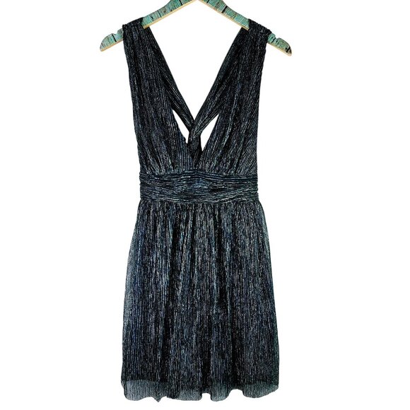 Lulus Ailey Halter Mini Twisted Back Metallic Threaded Gold Teal Skater Dress, S - Picture 2 of 10